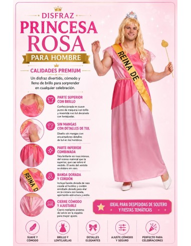 Fato de Princesa Rosa para Homem Tamanho L | Disfarces para Adultos O Rei do Carnaval